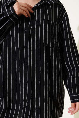 Çizgili Tek Sırt Pileli Gömlek Siyah - 300-500 TL Ürünler