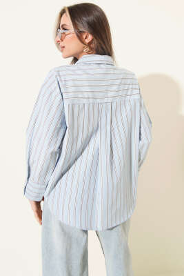Çizgili Terikoton Gömlek Mavi - Kadın Giyim Modelleri