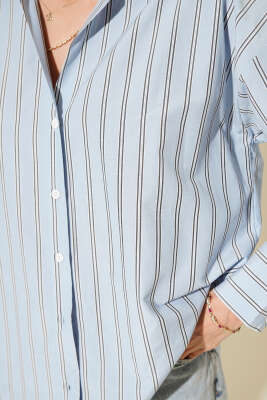 Çizgili Terikoton Gömlek Mavi - Kadın Giyim Modelleri