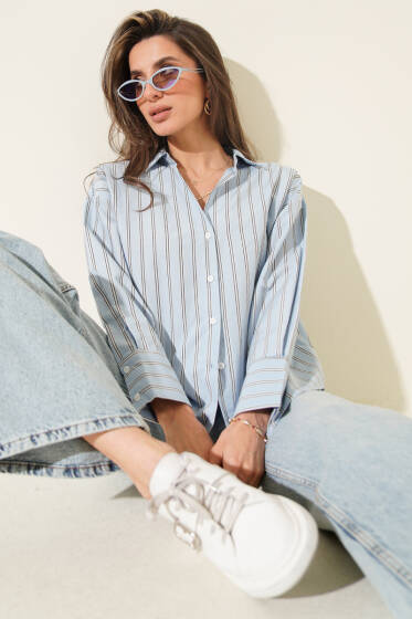 Çizgili Terikoton Gömlek Mavi - Kadın Giyim Modelleri
