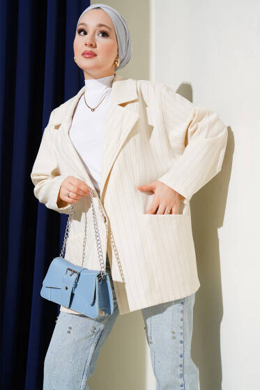 Çizgili Torba Cepli Oversize Ceket Bej - Ceket