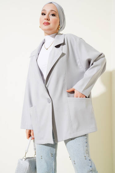 Çizgili Torba Cepli Oversize Ceket Gri - Ceket