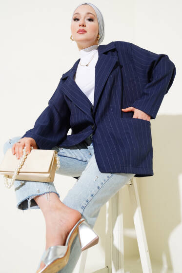 Çizgili Torba Cepli Oversize Ceket Lacivert - Ceket