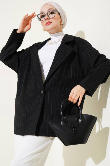 Çizgili Torba Cepli Oversize Ceket Siyah - Ceket
