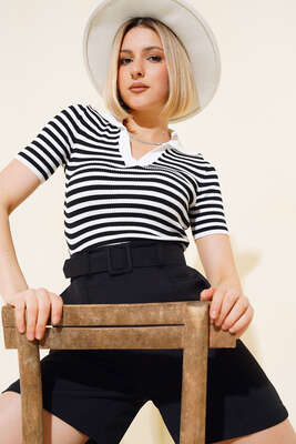 Çizgili Triko Bluz Beyaz - Yeni Giyim