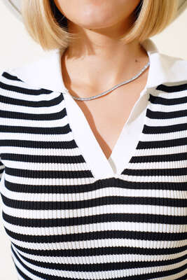 Çizgili Triko Bluz Beyaz - Yeni Giyim