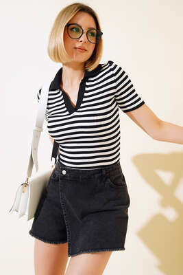 Çizgili Triko Bluz Siyah 