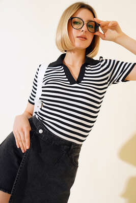 Çizgili Triko Bluz Siyah - Kadın Giyim Modelleri