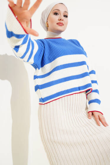 Çizgili Triko Crop Kazak İndigo - Triko