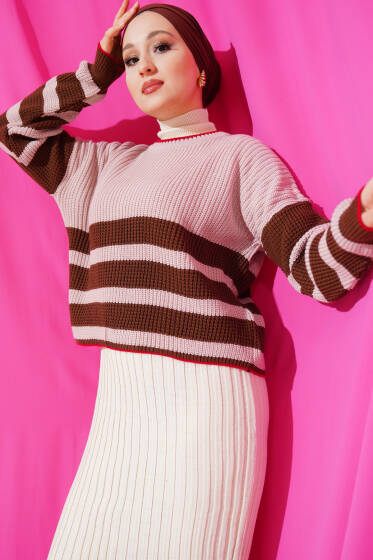 Çizgili Triko Crop Kazak Pudra - Triko