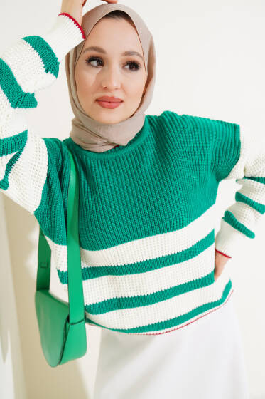 	 Çizgili Triko Crop Kazak Zümrüt - Triko