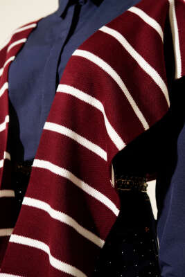 Çizgili Triko Omuz Şalı Bordo - Omuz Şalı