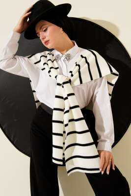 Çizgili Triko Omuz Şalı Ekru - ASSE BONE