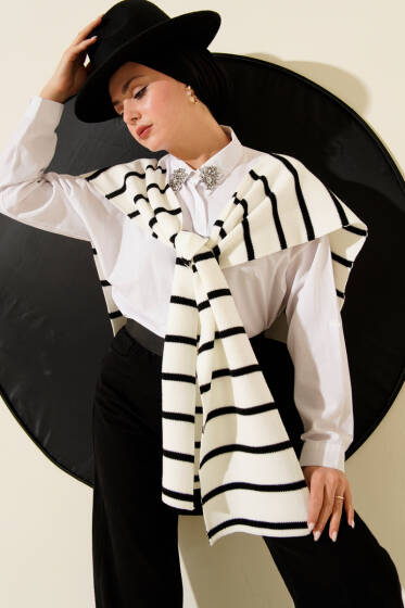 Çizgili Triko Omuz Şalı Ekru - Omuz Şalı