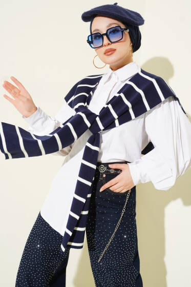 Çizgili Triko Omuz Şalı Lacivert - Günün Seçilenleri