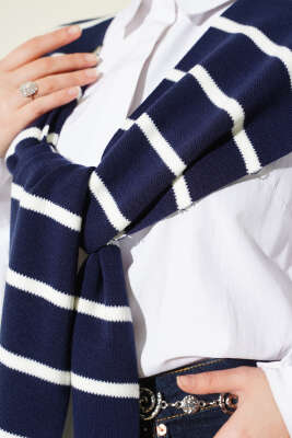 Çizgili Triko Omuz Şalı Lacivert - Omuz Şalı