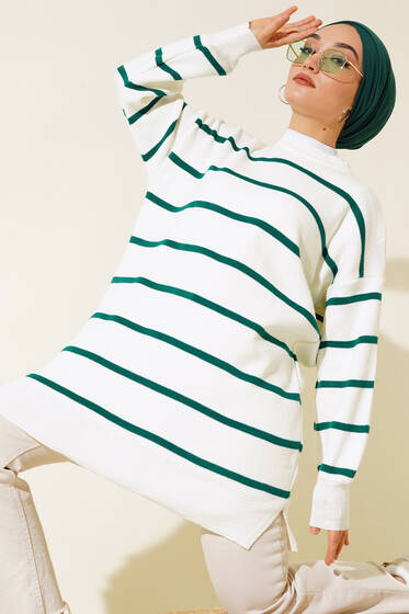 Çizgili Triko Tunik Zümrüt Yeşil - Tunik