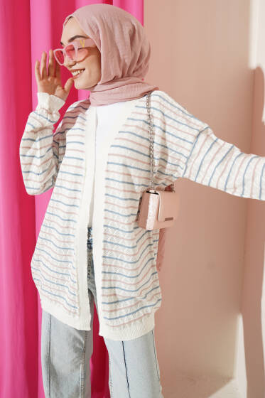 Çizgili Üçgen Ajurlu Triko Hırka Kemik - Hırka