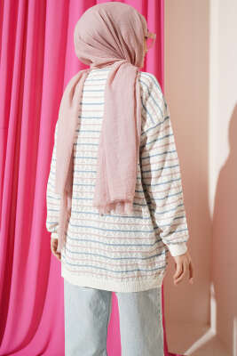 Çizgili Üçgen Ajurlu Triko Hırka Kemik - Hırka