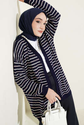 Çizgili Üçgen Ajurlu Triko Hırka Lacivert - VANİZA TRİKO