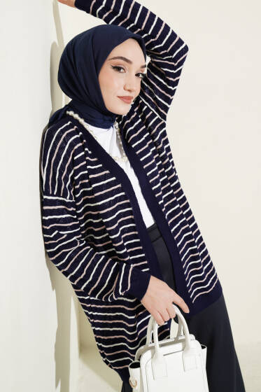 Çizgili Üçgen Ajurlu Triko Hırka Lacivert - Hırka