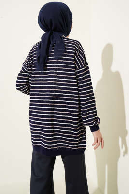Çizgili Üçgen Ajurlu Triko Hırka Lacivert - Hırka
