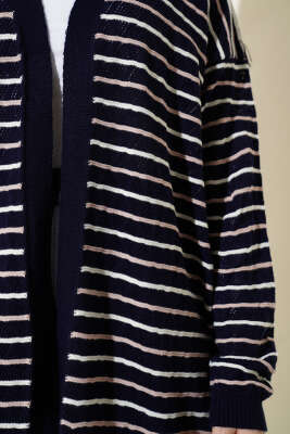 Çizgili Üçgen Ajurlu Triko Hırka Lacivert - Hırka