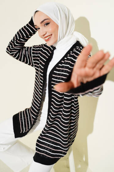 Çizgili Üçgen Ajurlu Triko Hırka Siyah - Yılın Fırsatı