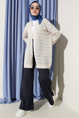 Çizgili Üçgen Ajurlu Triko Hırka Taş - Hırka