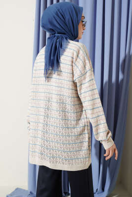 Çizgili Üçgen Ajurlu Triko Hırka Taş - Hırka