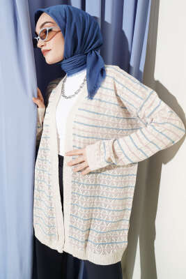 Çizgili Üçgen Ajurlu Triko Hırka Taş - Yılın Fırsatı