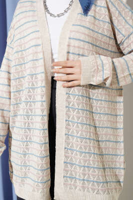 Çizgili Üçgen Ajurlu Triko Hırka Taş - Yılın Fırsatı