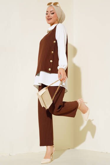 Çizgili Üçlü Takım Kahve - İkili Takım