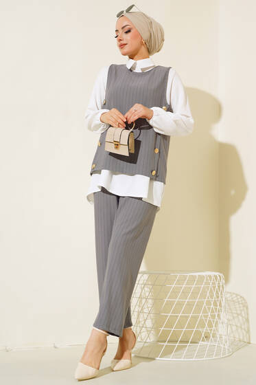 Çizgili Üçlü Takım Gri - İkili Takım