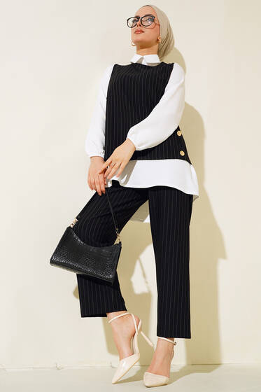 Çizgili Üçlü Takım Siyah - İkili Takım