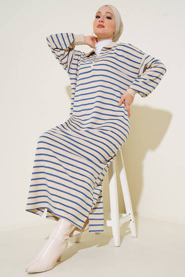 Çizgili Uzun Elbise İndigo - Tesettür Elbise