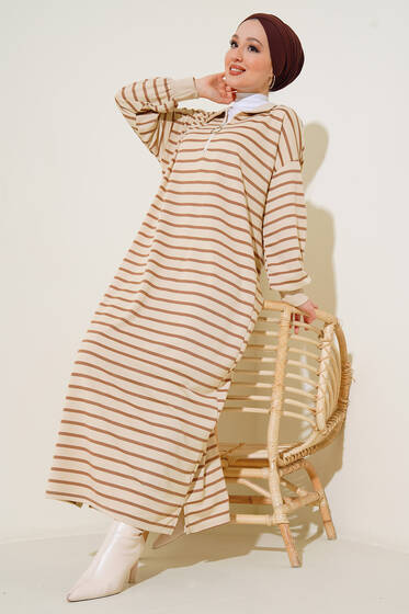 Çizgili Uzun Elbise Latte - Tesettür Elbise