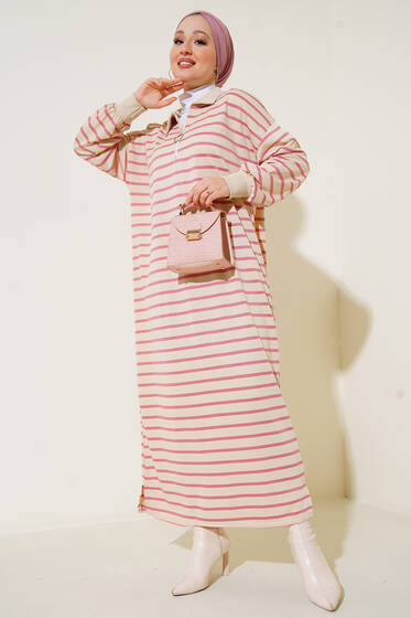 Çizgili Uzun Elbise Pudra - Tesettür Elbise