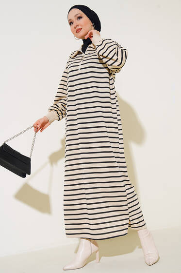 Çizgili Uzun Elbise Siyah - Tesettür Elbise