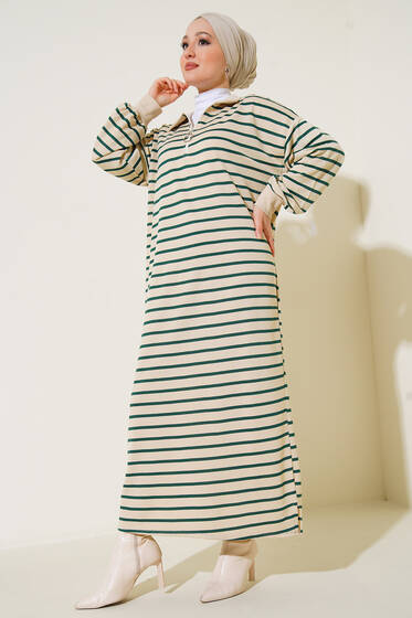 Çizgili Uzun Elbise Zümrüt Yeşili - Tesettür Elbise