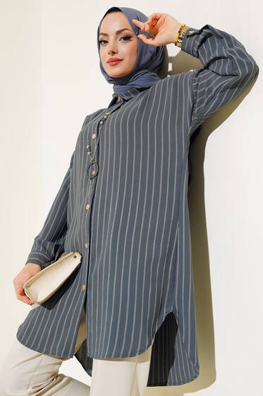 Çizgili Uzun Gömlek Gri - Gömlek