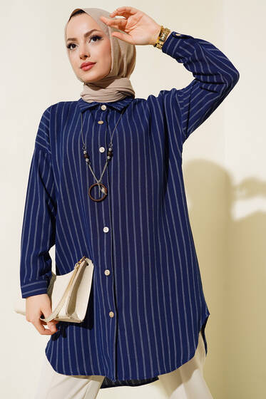 Çizgili Uzun Gömlek Lacivert - Gömlek