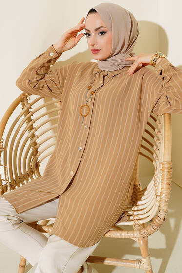 Çizgili Uzun Gömlek Latte - Gömlek