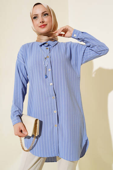 Çizgili Uzun Gömlek Mavi - Gömlek