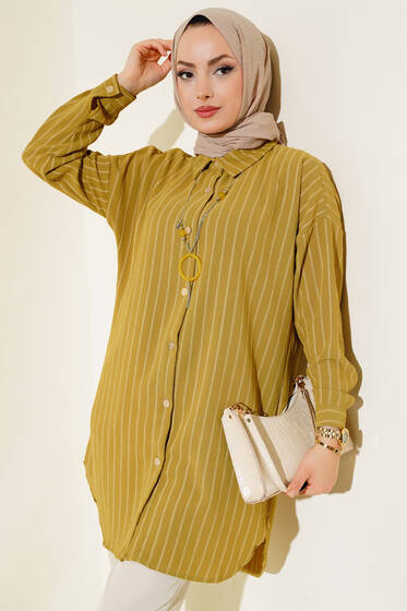 Çizgili Uzun Gömlek Su Yeşili - Gömlek