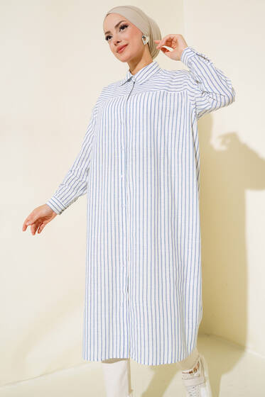 Çizgili Uzun Keten Tunik İndigo - Tunik
