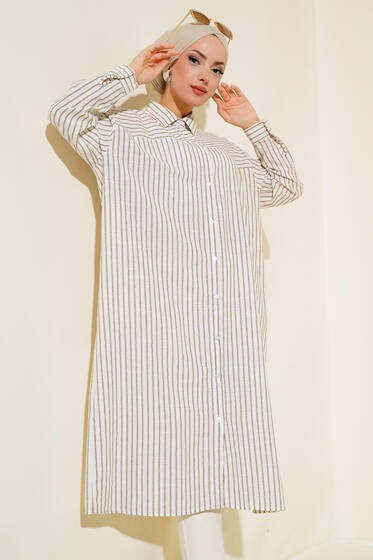 Çizgili Uzun Keten Tunik Kahve - Tunik