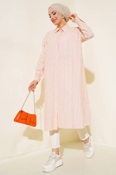 Çizgili Uzun Keten Tunik Oranj - Tunik