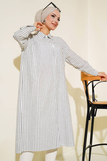 Çizgili Uzun Keten Tunik Siyah - Tunik