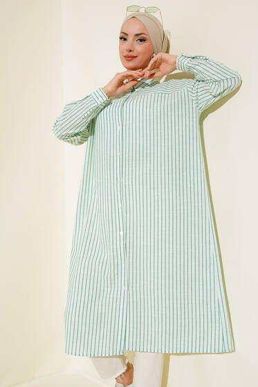 Çizgili Uzun Keten Tunik Yeşil - Tunik